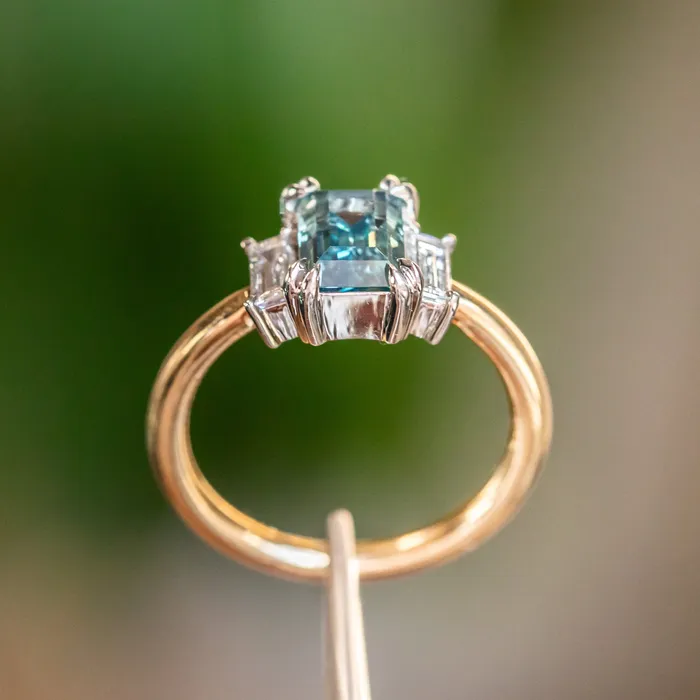 176ct Straight Baguette Parti Sapphire Three Stone Ring with Baguette Diamonds in Platinum 18k Yellow Gold Anueva Jewelry Rings