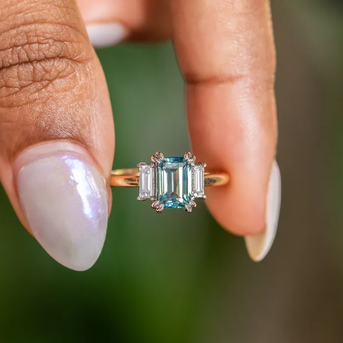 176ct Straight Baguette Parti Sapphire Three Stone Ring with Baguette Diamonds in Platinum 18k Yellow Gold Anueva Jewelry Rings