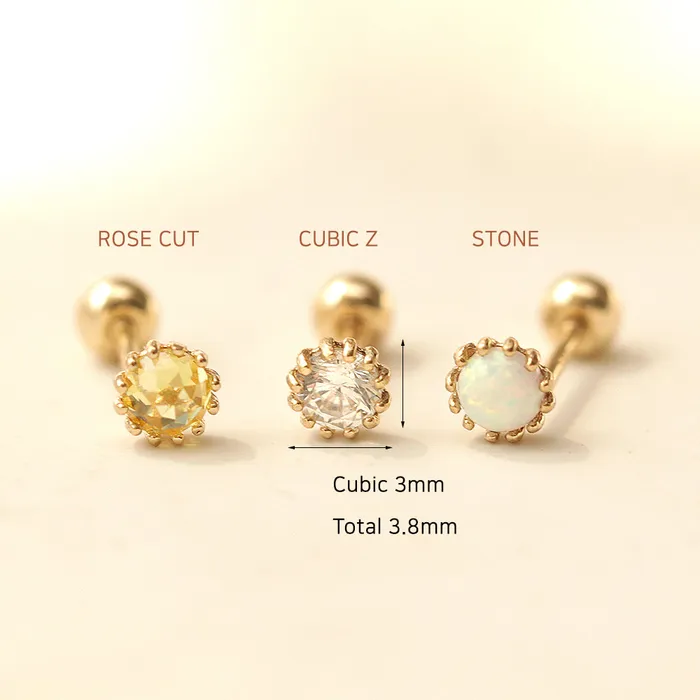 14K Gold Crown Rose cut Cubic Cartilage Earring 20G18G16G MinimalBijoux Earrings