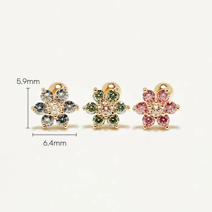 14K Gold Moissanite Colored Lovely Flower Cartilage Earring 20G18G16G MinimalBijoux Earrings