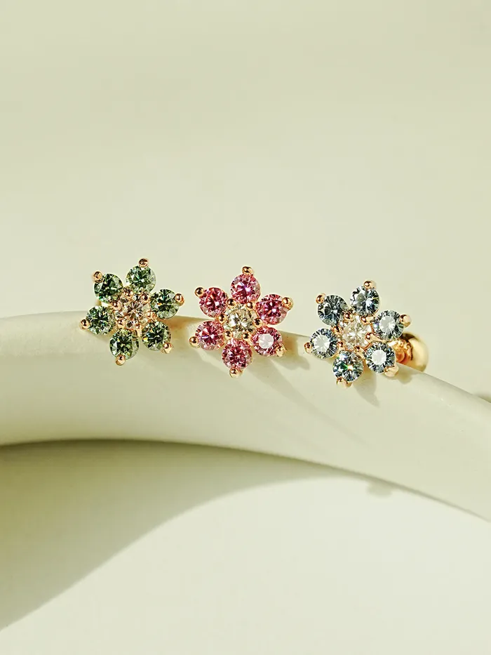 14K Gold Moissanite Colored Lovely Flower Cartilage Earring 20G18G16G MinimalBijoux Earrings