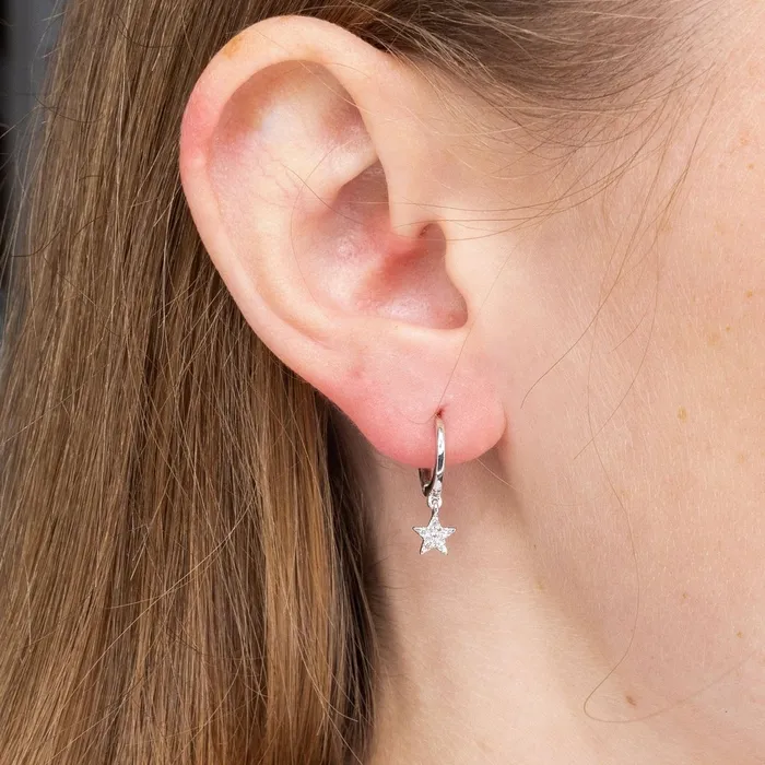 14k White Gold Diamond Star Huggies Princess Bride Diamonds Earrings