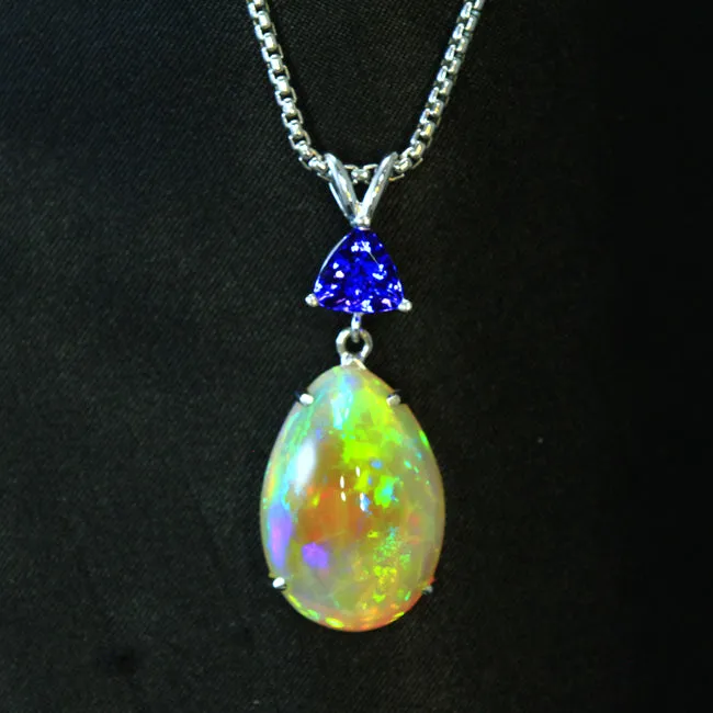 14K White Gold Pear Shaped Welo Opal and Trilliant Tanzanite Pendant Moriartys Gem Art Necklaces