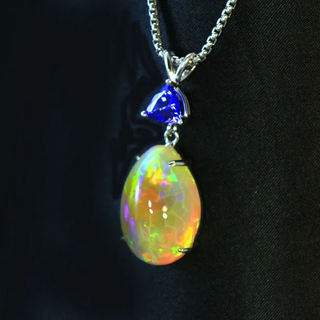 14K White Gold Pear Shaped Welo Opal and Trilliant Tanzanite Pendant Moriartys Gem Art Necklaces
