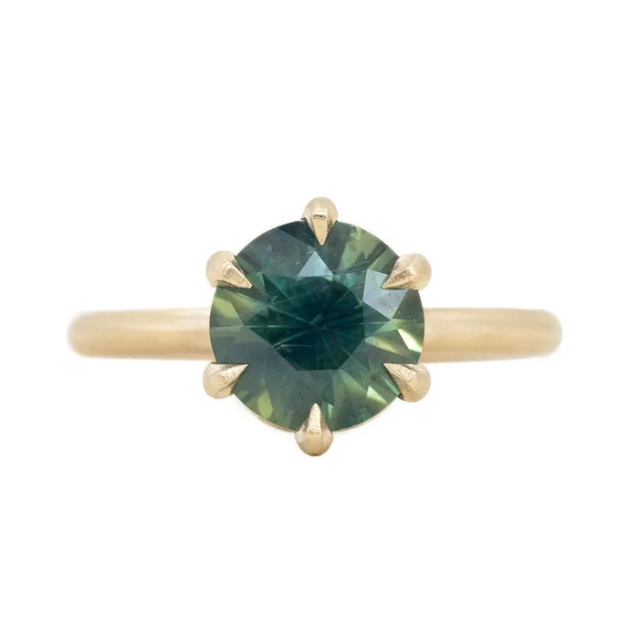 255ct Round Sapphire Six Prong Lotus Solitaire in Satin 18k Yellow Gold Anueva Jewelry PreStyled Sets 255ct Round Sapphire Six Prong Lotus Solitaire in Satin 18k Yellow Gold Anueva Jewelry PreStyled Sets