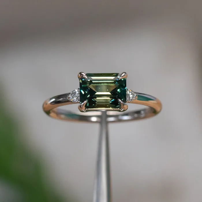 261ct Emerald Cut Magadascar EastWest Parti Sapphire and Diamond Low Profile Ring in 14k White Gold Anueva Jewelry Rings