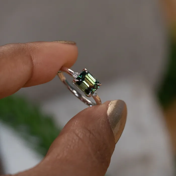 261ct Emerald Cut Magadascar EastWest Parti Sapphire and Diamond Low Profile Ring in 14k White Gold Anueva Jewelry Rings