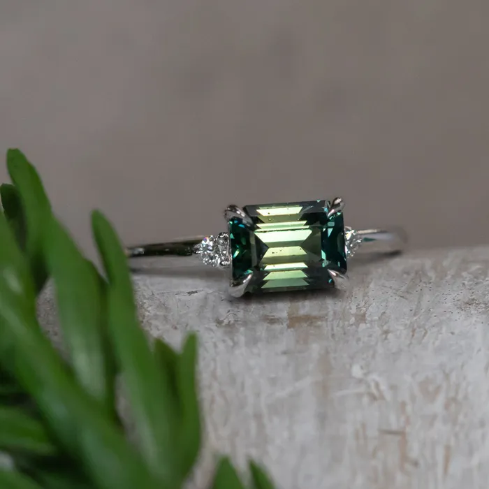 261ct Emerald Cut Magadascar EastWest Parti Sapphire and Diamond Low Profile Ring in 14k White Gold Anueva Jewelry Rings