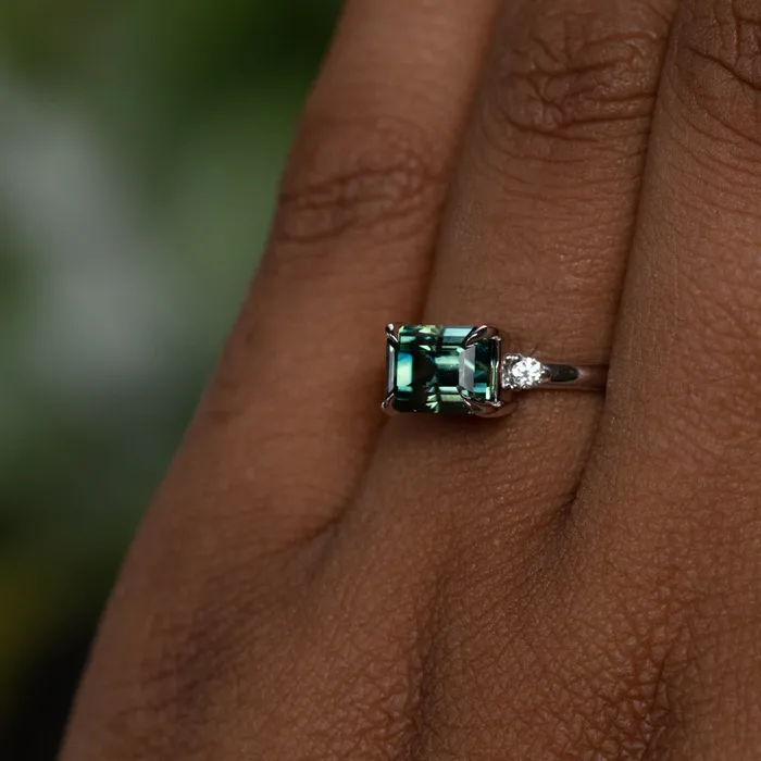 261ct Emerald Cut Magadascar EastWest Parti Sapphire and Diamond Low Profile Ring in 14k White Gold Anueva Jewelry Rings
