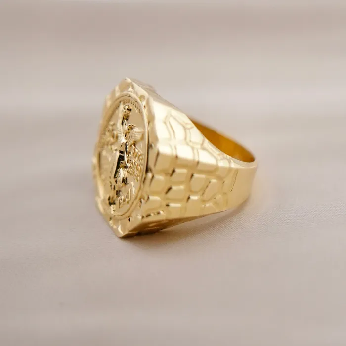 AB and J Rings 14K Gold Mens Nugget Centenario Style Ring C322