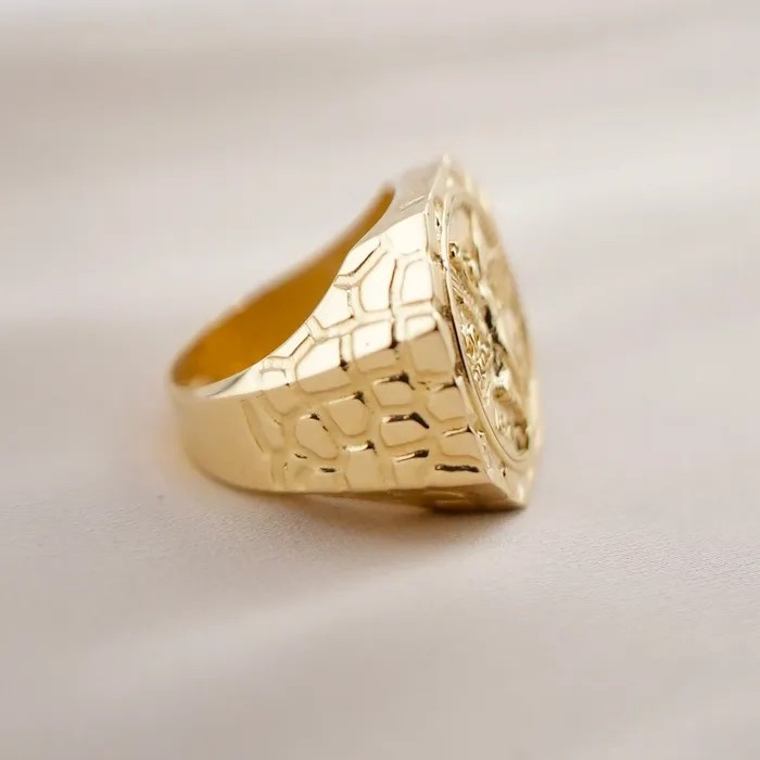 AB and J Rings 14K Gold Mens Nugget Centenario Style Ring C322