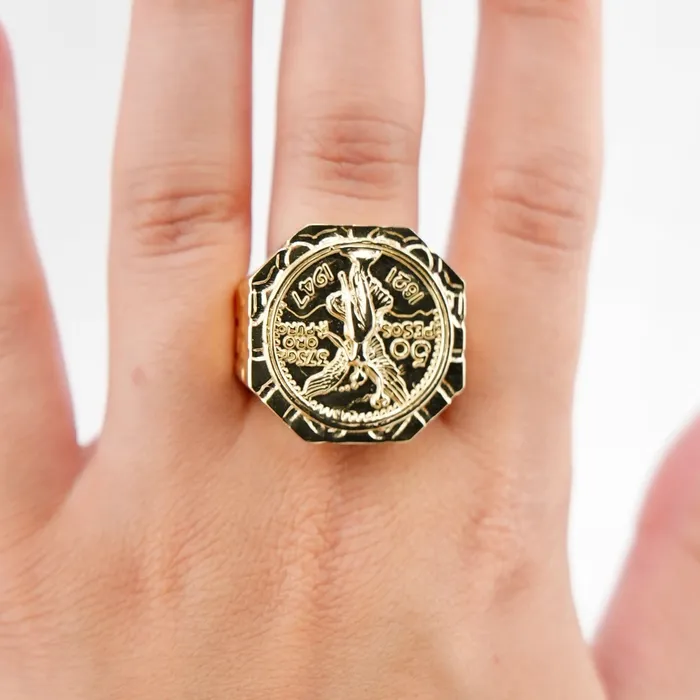 AB and J Rings 14K Gold Mens Nugget Centenario Style Ring C322