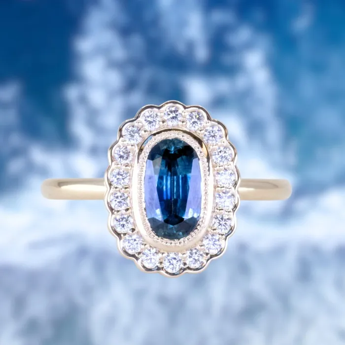 Anueva Jewelry 122ct Oval Blue Montana Sapphire Scalloped Antique Style Diamond Halo Ring in 14k Yellow Gold Rings Anueva Jewelry 122ct Oval Blue Montana Sapphire Scalloped Antique Style Diamond Halo Ring in 14k Yellow Gold Rings