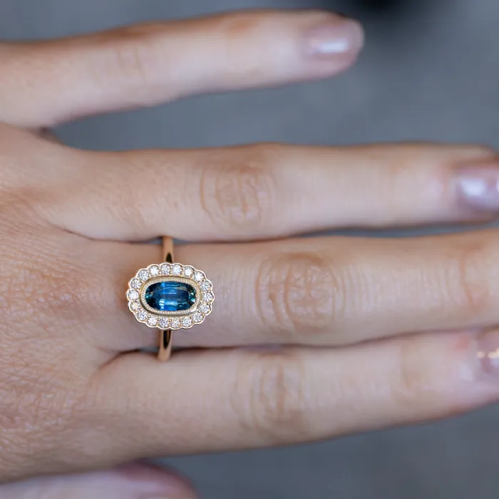 Anueva Jewelry 122ct Oval Blue Montana Sapphire Scalloped Antique Style Diamond Halo Ring in 14k Yellow Gold Rings
