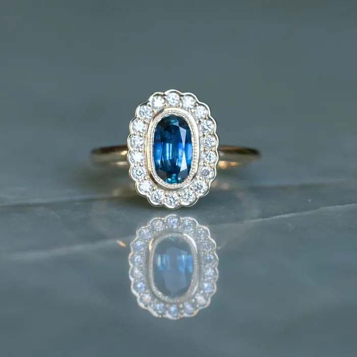 Anueva Jewelry 122ct Oval Blue Montana Sapphire Scalloped Antique Style Diamond Halo Ring in 14k Yellow Gold Rings