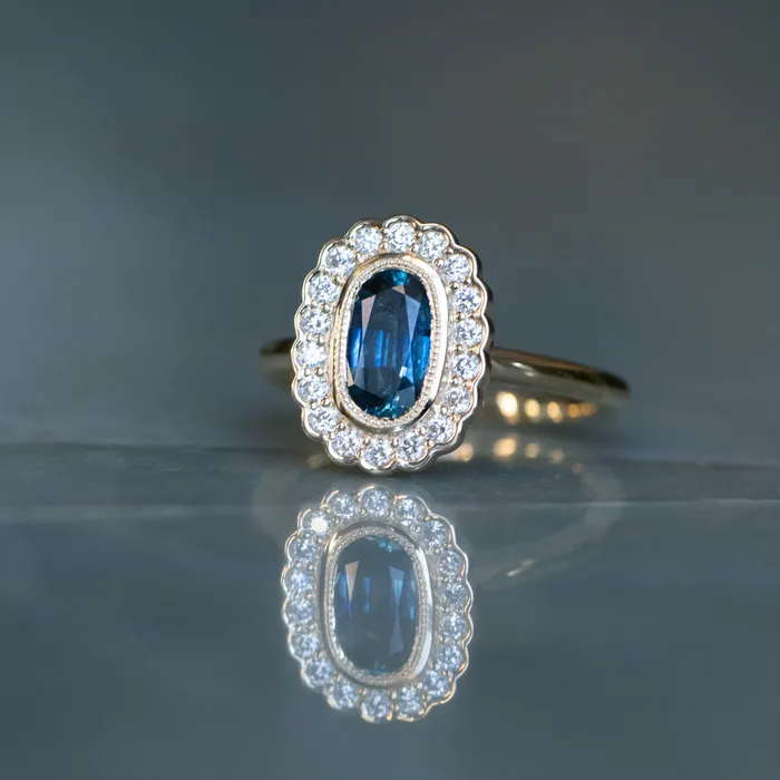 Anueva Jewelry 122ct Oval Blue Montana Sapphire Scalloped Antique Style Diamond Halo Ring in 14k Yellow Gold Rings