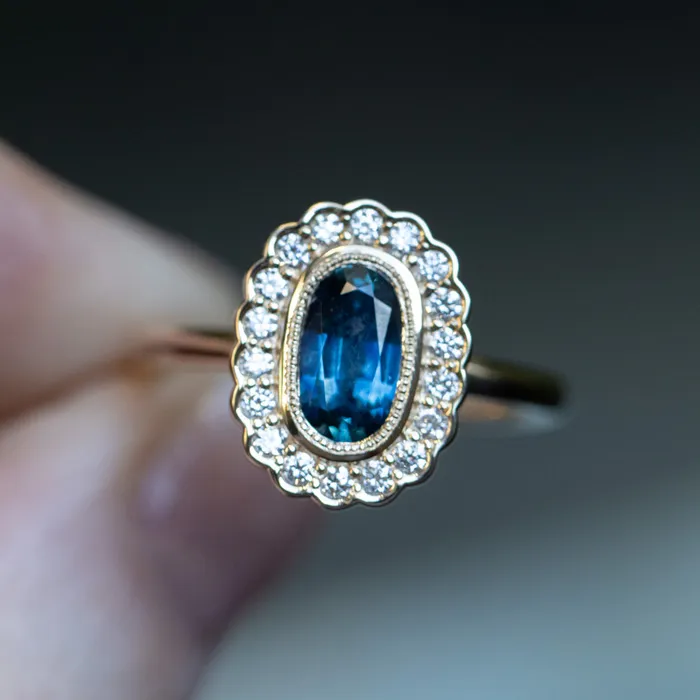 Anueva Jewelry 122ct Oval Blue Montana Sapphire Scalloped Antique Style Diamond Halo Ring in 14k Yellow Gold Rings