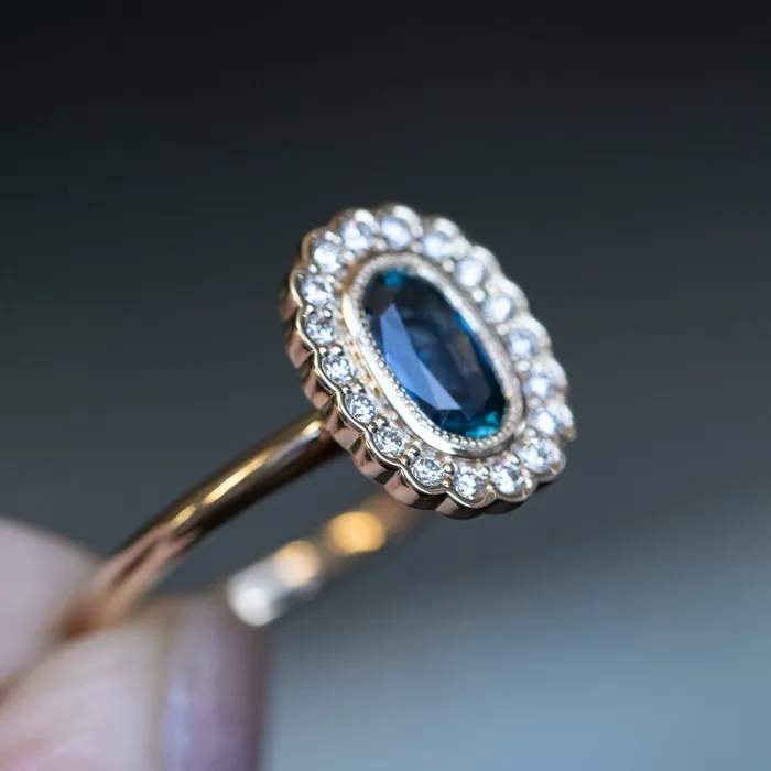 Anueva Jewelry 122ct Oval Blue Montana Sapphire Scalloped Antique Style Diamond Halo Ring in 14k Yellow Gold Rings