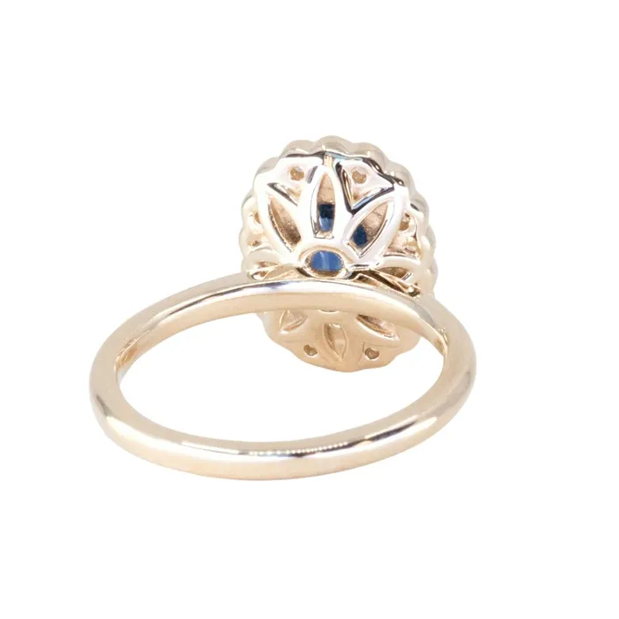 Anueva Jewelry 122ct Oval Blue Montana Sapphire Scalloped Antique Style Diamond Halo Ring in 14k Yellow Gold Rings