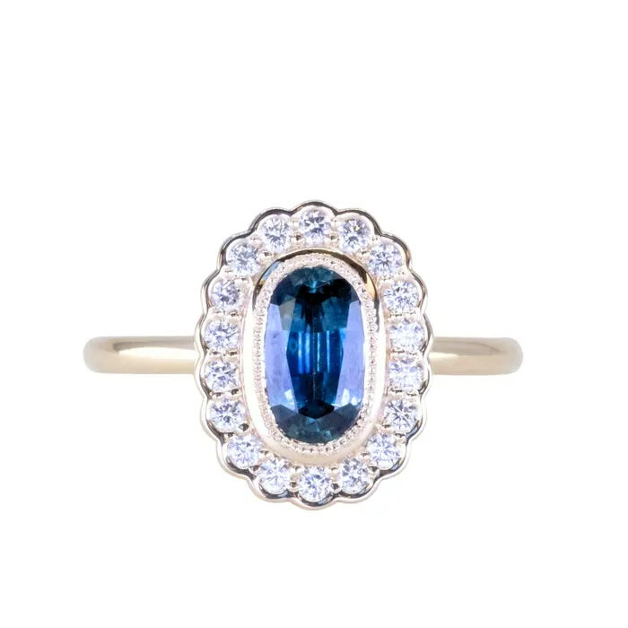 Anueva Jewelry 122ct Oval Blue Montana Sapphire Scalloped Antique Style Diamond Halo Ring in 14k Yellow Gold Rings