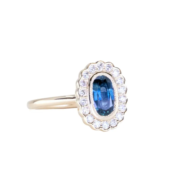 Anueva Jewelry 122ct Oval Blue Montana Sapphire Scalloped Antique Style Diamond Halo Ring in 14k Yellow Gold Rings