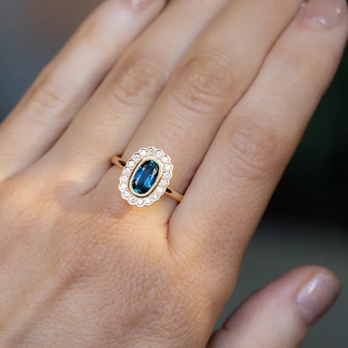Anueva Jewelry 122ct Oval Blue Montana Sapphire Scalloped Antique Style Diamond Halo Ring in 14k Yellow Gold Rings
