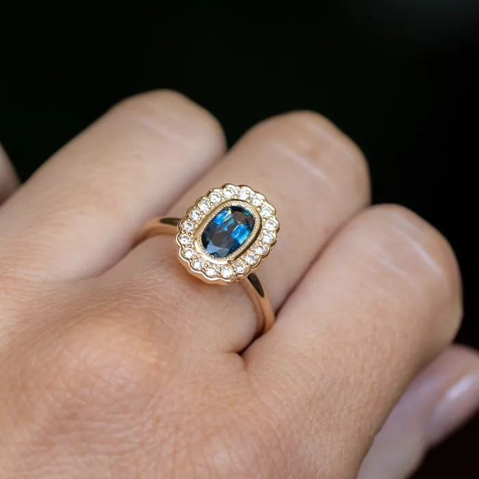 Anueva Jewelry 122ct Oval Blue Montana Sapphire Scalloped Antique Style Diamond Halo Ring in 14k Yellow Gold Rings