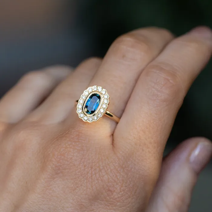 Anueva Jewelry 122ct Oval Blue Montana Sapphire Scalloped Antique Style Diamond Halo Ring in 14k Yellow Gold Rings