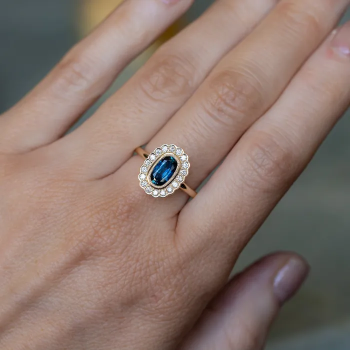 Anueva Jewelry 122ct Oval Blue Montana Sapphire Scalloped Antique Style Diamond Halo Ring in 14k Yellow Gold Rings