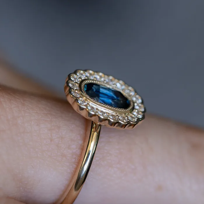 Anueva Jewelry 122ct Oval Blue Montana Sapphire Scalloped Antique Style Diamond Halo Ring in 14k Yellow Gold Rings