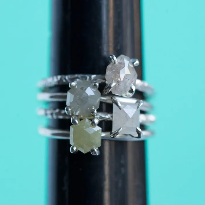 Anueva Jewelry Necklaces Silver Stocking Stuffers Size 5 Resizable Natural colored hexagon rustic diamonds in hand carved recycled silver prong setting by Anueva Jewelry Anueva Jewelry Necklaces Silver Stocking Stuffers Size 5 Resizable Natural colored hexagon rustic diamonds in hand carved recycled silver prong setting by Anueva Jewelry