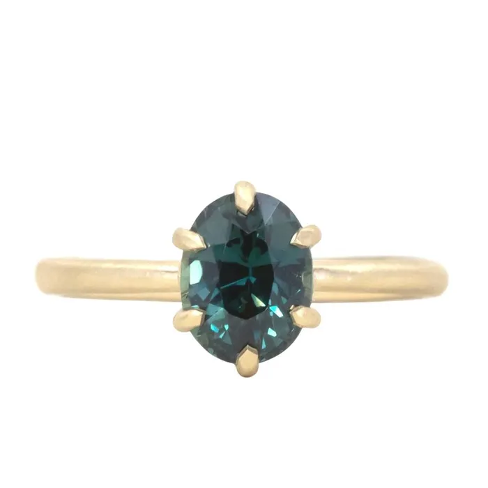 Anueva Jewelry PreStyled Sets 177ct Teal Oval Madagascar Sapphire Lotus Six Prong Solitaire in Satin 18k Yellow Gold Anueva Jewelry PreStyled Sets 177ct Teal Oval Madagascar Sapphire Lotus Six Prong Solitaire in Satin 18k Yellow Gold