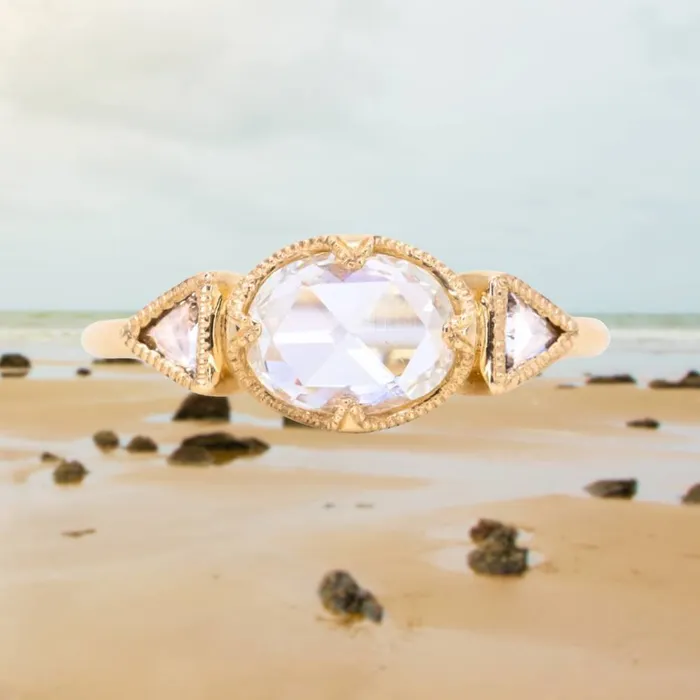 Anueva Jewelry Rings 101ct Rosecut Three Stone Ring with Trillion Side Diamonds Compass Set Low Profile Milgrain Antique Ring in 18K Yellow Gold Anueva Jewelry Rings 101ct Rosecut Three Stone Ring with Trillion Side Diamonds Compass Set Low Profile Milgrain Antique Ring in 18K Yellow Gold