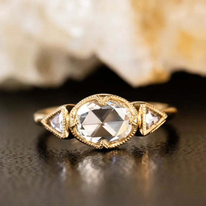 Anueva Jewelry Rings 101ct Rosecut Three Stone Ring with Trillion Side Diamonds Compass Set Low Profile Milgrain Antique Ring in 18K Yellow Gold
