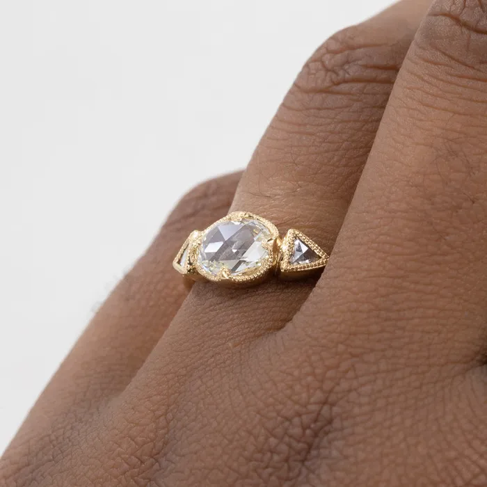 Anueva Jewelry Rings 101ct Rosecut Three Stone Ring with Trillion Side Diamonds Compass Set Low Profile Milgrain Antique Ring in 18K Yellow Gold