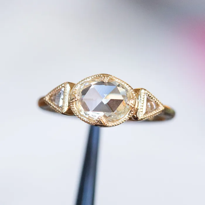 Anueva Jewelry Rings 101ct Rosecut Three Stone Ring with Trillion Side Diamonds Compass Set Low Profile Milgrain Antique Ring in 18K Yellow Gold