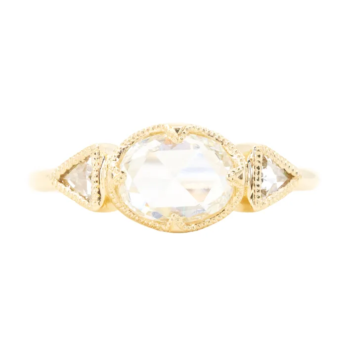 Anueva Jewelry Rings 101ct Rosecut Three Stone Ring with Trillion Side Diamonds Compass Set Low Profile Milgrain Antique Ring in 18K Yellow Gold
