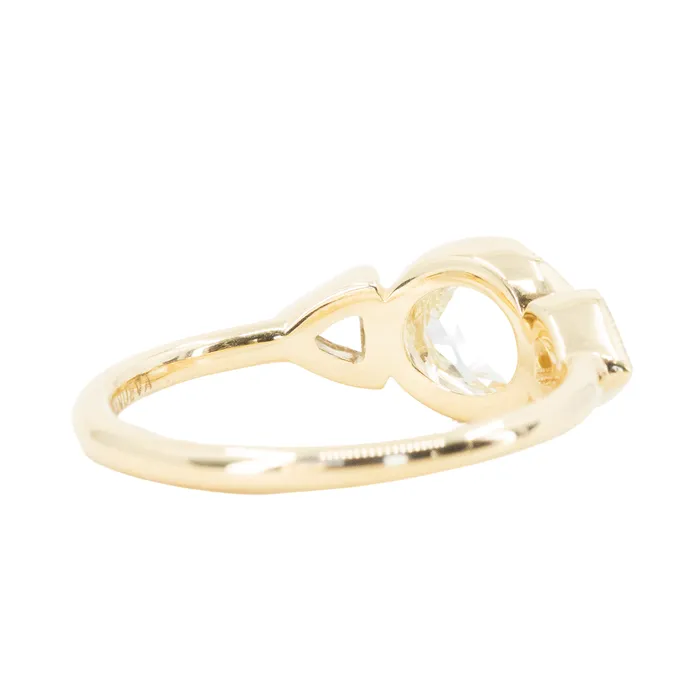 Anueva Jewelry Rings 101ct Rosecut Three Stone Ring with Trillion Side Diamonds Compass Set Low Profile Milgrain Antique Ring in 18K Yellow Gold