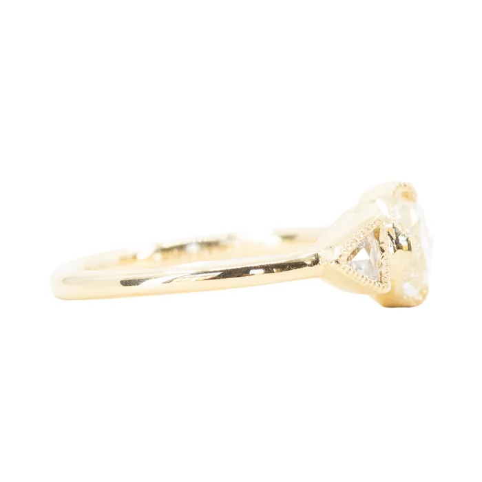 Anueva Jewelry Rings 101ct Rosecut Three Stone Ring with Trillion Side Diamonds Compass Set Low Profile Milgrain Antique Ring in 18K Yellow Gold