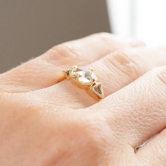Anueva Jewelry Rings 101ct Rosecut Three Stone Ring with Trillion Side Diamonds Compass Set Low Profile Milgrain Antique Ring in 18K Yellow Gold