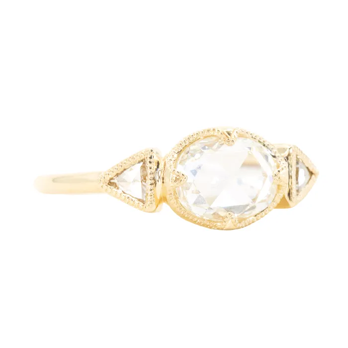 Anueva Jewelry Rings 101ct Rosecut Three Stone Ring with Trillion Side Diamonds Compass Set Low Profile Milgrain Antique Ring in 18K Yellow Gold