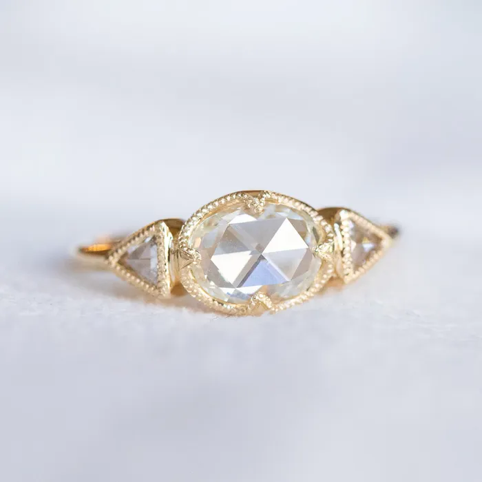 Anueva Jewelry Rings 101ct Rosecut Three Stone Ring with Trillion Side Diamonds Compass Set Low Profile Milgrain Antique Ring in 18K Yellow Gold