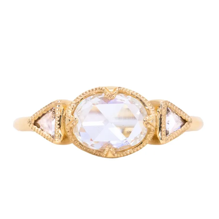 Anueva Jewelry Rings 101ct Rosecut Three Stone Ring with Trillion Side Diamonds Compass Set Low Profile Milgrain Antique Ring in 18K Yellow Gold