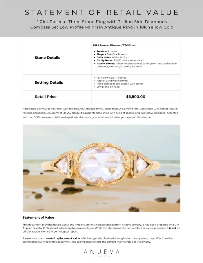 Anueva Jewelry Rings 101ct Rosecut Three Stone Ring with Trillion Side Diamonds Compass Set Low Profile Milgrain Antique Ring in 18K Yellow Gold