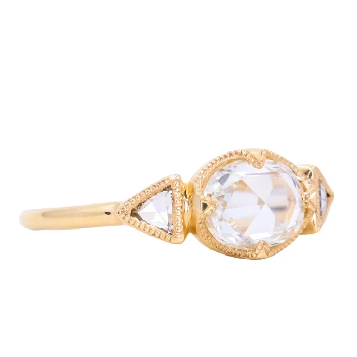 Anueva Jewelry Rings 101ct Rosecut Three Stone Ring with Trillion Side Diamonds Compass Set Low Profile Milgrain Antique Ring in 18K Yellow Gold