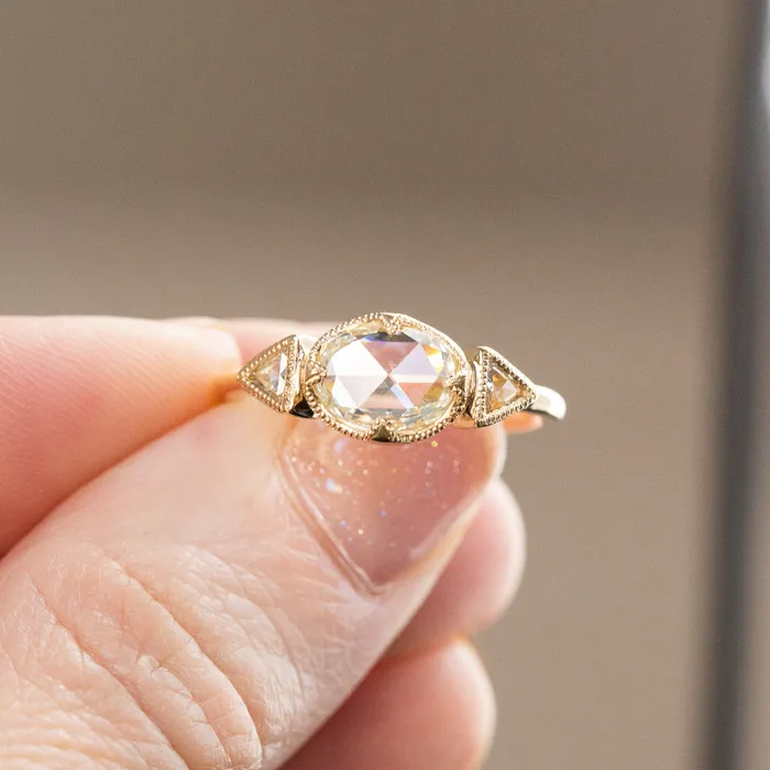 Anueva Jewelry Rings 101ct Rosecut Three Stone Ring with Trillion Side Diamonds Compass Set Low Profile Milgrain Antique Ring in 18K Yellow Gold