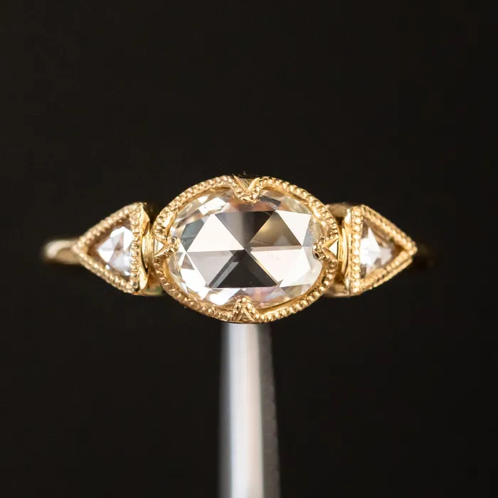 Anueva Jewelry Rings 101ct Rosecut Three Stone Ring with Trillion Side Diamonds Compass Set Low Profile Milgrain Antique Ring in 18K Yellow Gold