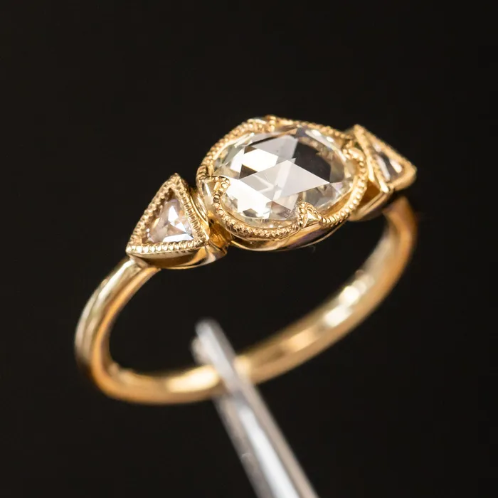 Anueva Jewelry Rings 101ct Rosecut Three Stone Ring with Trillion Side Diamonds Compass Set Low Profile Milgrain Antique Ring in 18K Yellow Gold