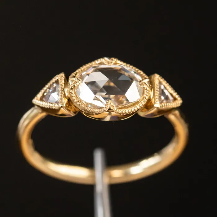 Anueva Jewelry Rings 101ct Rosecut Three Stone Ring with Trillion Side Diamonds Compass Set Low Profile Milgrain Antique Ring in 18K Yellow Gold