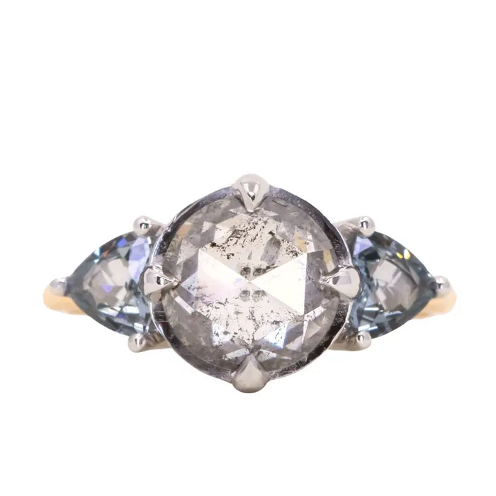 Anueva Jewelry Rings 201ct Rosecut Salt Pepper Diamond and Spinel Three Stone Antique Style Low Profile Ring in twotone 18k Yellow and Platinum Anueva Jewelry Rings 201ct Rosecut Salt Pepper Diamond and Spinel Three Stone Antique Style Low Profile Ring in twotone 18k Yellow and Platinum
